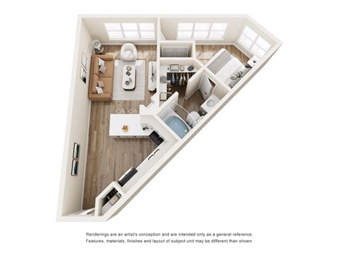 Floor plan for 1 bed, 1 bath, 647 sqft